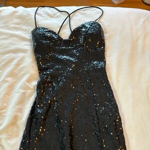 Black Sequin Midi Dress With Lace Up Back